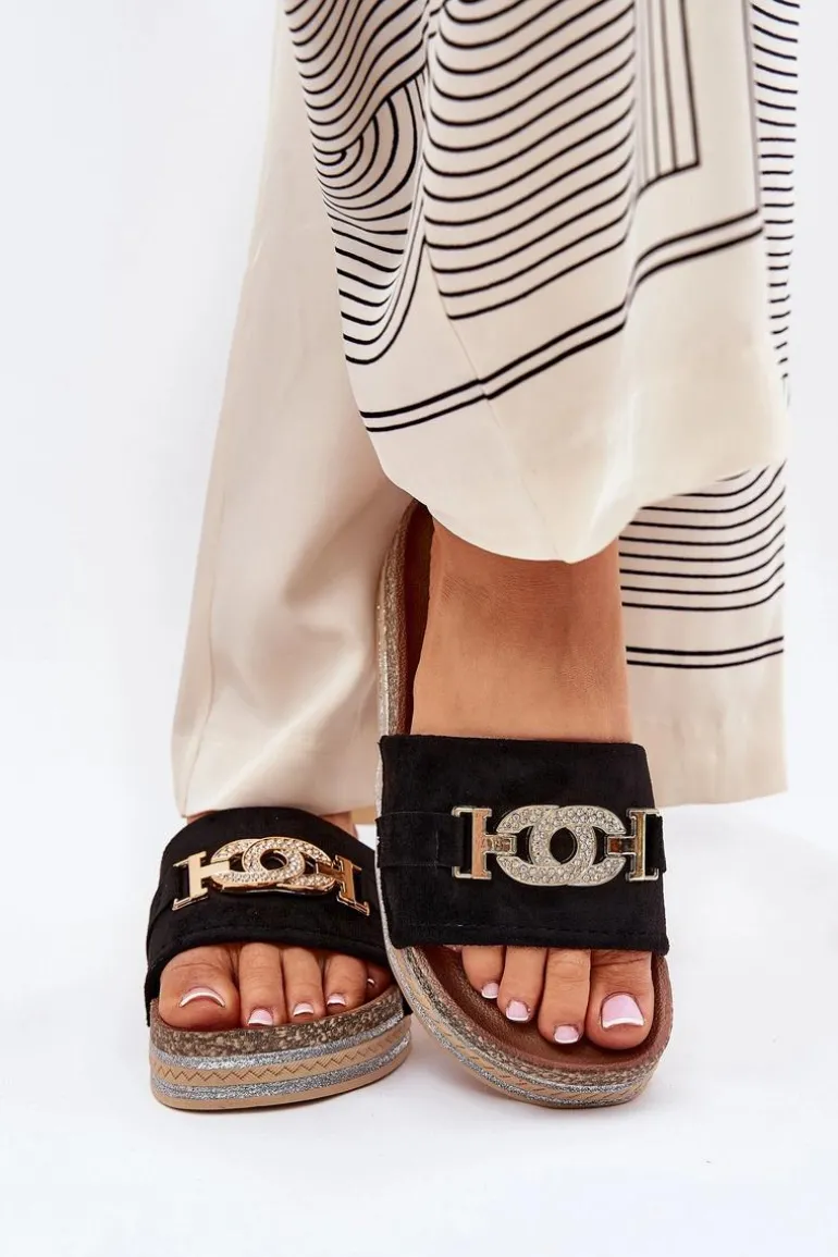 Klapki Damskie Ze Złotym Detalem Na Platformie Z Brokatem Czarne Eanes