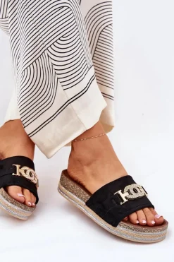 Klapki Damskie Ze Złotym Detalem Na Platformie Z Brokatem Czarne Eanes