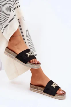 Klapki Damskie Ze Złotym Detalem Na Platformie Z Brokatem Czarne Eanes