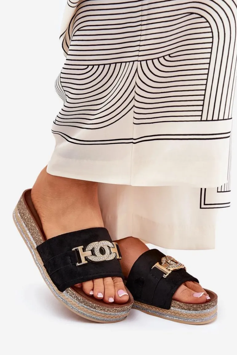 Klapki Damskie Ze Złotym Detalem Na Platformie Z Brokatem Czarne Eanes