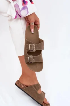 Klapki Damskie Ze Złotymi Klamrami I Przeszyciami Ciemnozielone Lunera