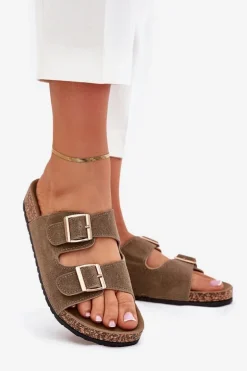 Klapki Damskie Ze Złotymi Klamrami I Przeszyciami Ciemnozielone Lunera