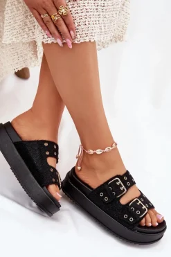 Klapki Damskie Ze Złotymi Klamrami Na Platformie Czarne Virvania