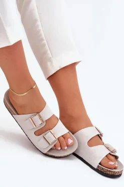 Klapki Damskie Ze Złotymi Klamrami I Przeszyciami Szare Lunera