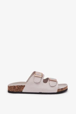 Klapki Damskie Ze Złotymi Klamrami I Przeszyciami Szare Lunera