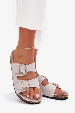 Klapki Damskie Ze Złotymi Klamrami I Przeszyciami Szare Lunera