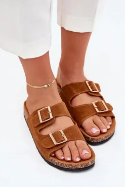 Klapki Damskie Ze Złotymi Klamrami I Przeszyciami Camel Lunera