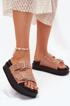 Klapki Damskie Ze Złotymi Klamrami Na Platformie Beżowe Virvania