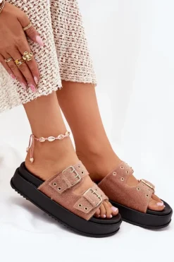 Klapki Damskie Ze Złotymi Klamrami Na Platformie Beżowe Virvania