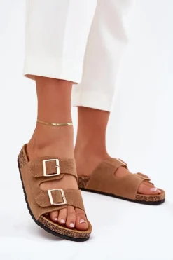 Klapki Damskie Ze Złotymi Klamrami I Przeszyciami Jasnobrązowe Lunera