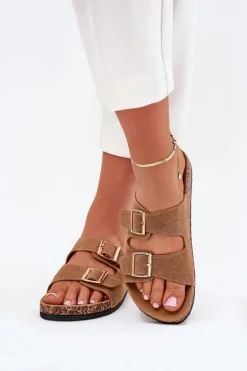 Klapki Damskie Ze Złotymi Klamrami I Przeszyciami Jasnobrązowe Lunera