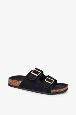 Klapki Damskie Ze Złotymi Klamrami I Przeszyciami Czarne Lunera