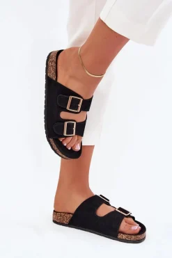 Klapki Damskie Ze Złotymi Klamrami I Przeszyciami Czarne Lunera