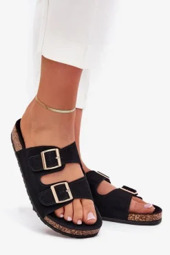 Klapki Damskie Ze Złotymi Klamrami I Przeszyciami Czarne Lunera