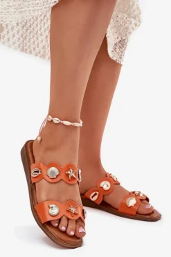 Klapki Damskie Ze Złotymi Przypinkami Pomarańczowe Jenoriela