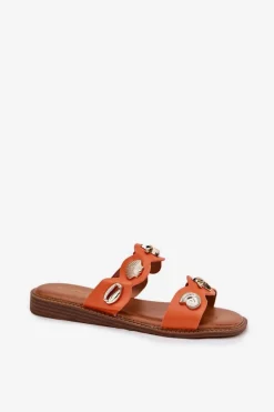 Klapki Damskie Ze Złotymi Przypinkami Pomarańczowe Jenoriela