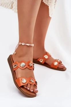 Klapki Damskie Ze Złotymi Przypinkami Pomarańczowe Jenoriela