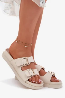 Klapki Damskie Ze Złotymi Klamrami Beżowe Sonarea