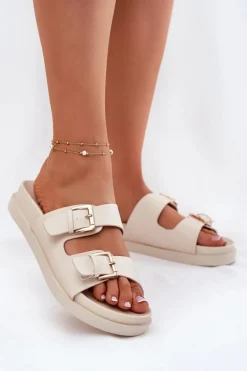 Klapki Damskie Ze Złotymi Klamrami Beżowe Sonarea