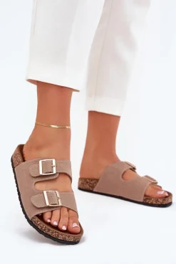 Klapki Damskie Ze Złotymi Klamrami I Przeszyciami Khaki Lunera