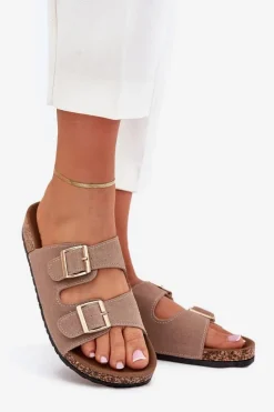 Klapki Damskie Ze Złotymi Klamrami I Przeszyciami Khaki Lunera