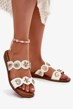 Klapki Damskie Ze Złotymi Przypinkami Białe Jenoriela