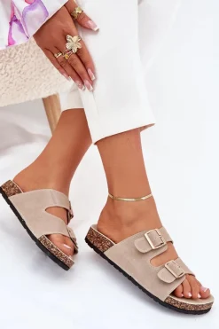 Klapki Damskie Ze Złotymi Klamrami I Przeszyciami Beżowe Lunera