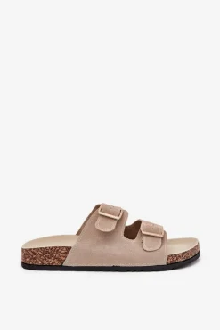 Klapki Damskie Ze Złotymi Klamrami I Przeszyciami Beżowe Lunera