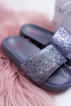 Klapki Dziecięce Młodzieżowe Big Star Szare Brokatowe AA374087