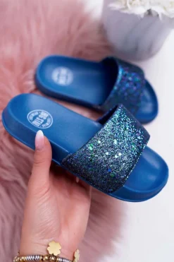 Klapki Dziecięce Młodzieżowe Big Star Granatowe Brokatowe AA374089