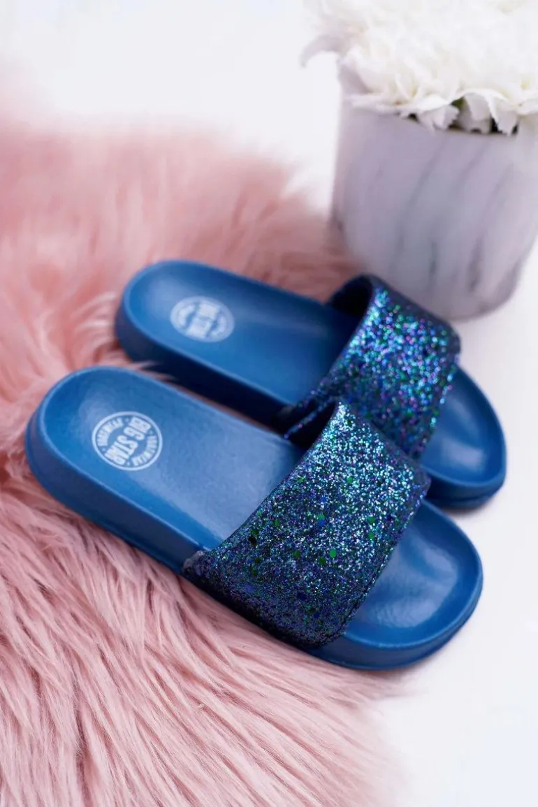 Klapki Dziecięce Młodzieżowe Big Star Granatowe Brokatowe AA374089