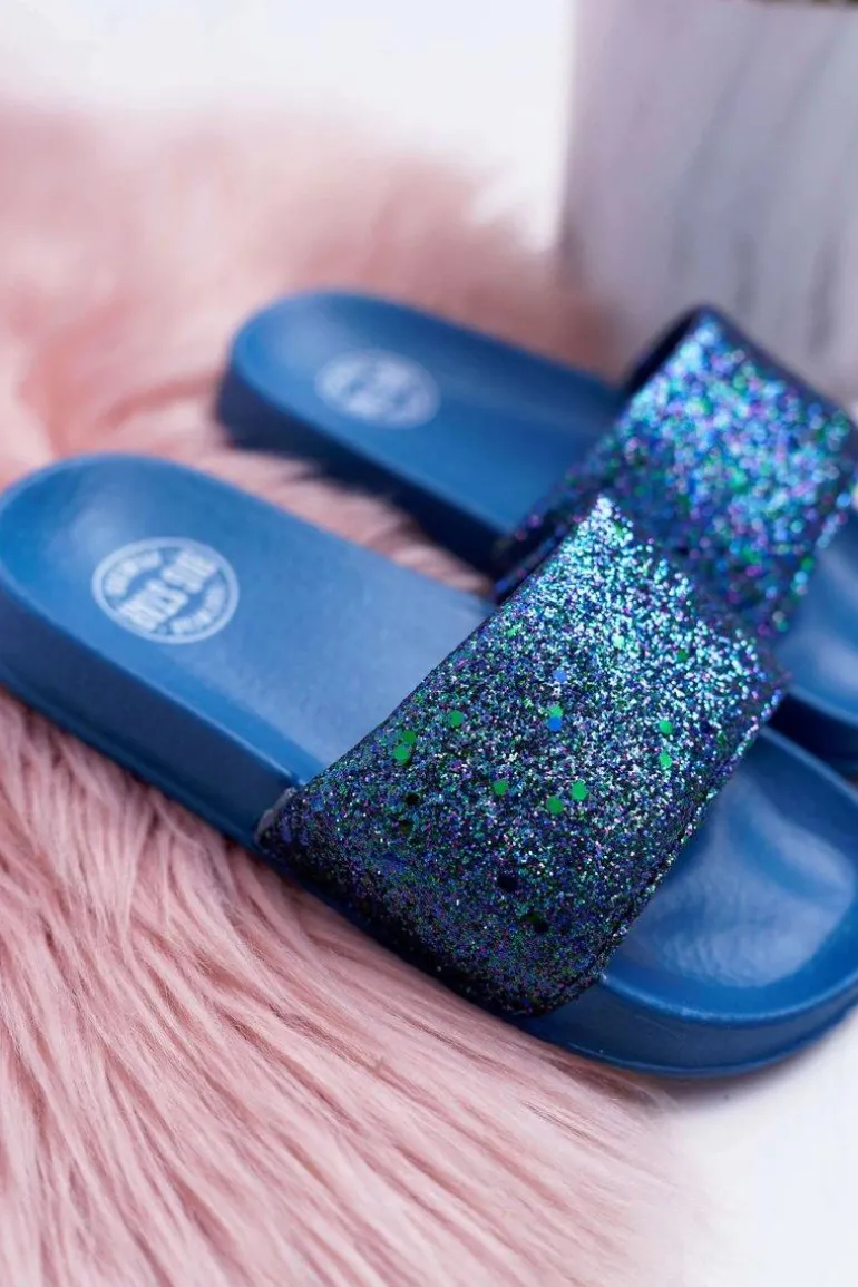 Klapki Dziecięce Młodzieżowe Big Star Granatowe Brokatowe AA374089