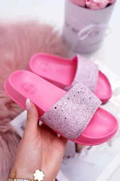 Klapki Dziecięce Młodzieżowe Big Star Różowe Brokatowe AA374088