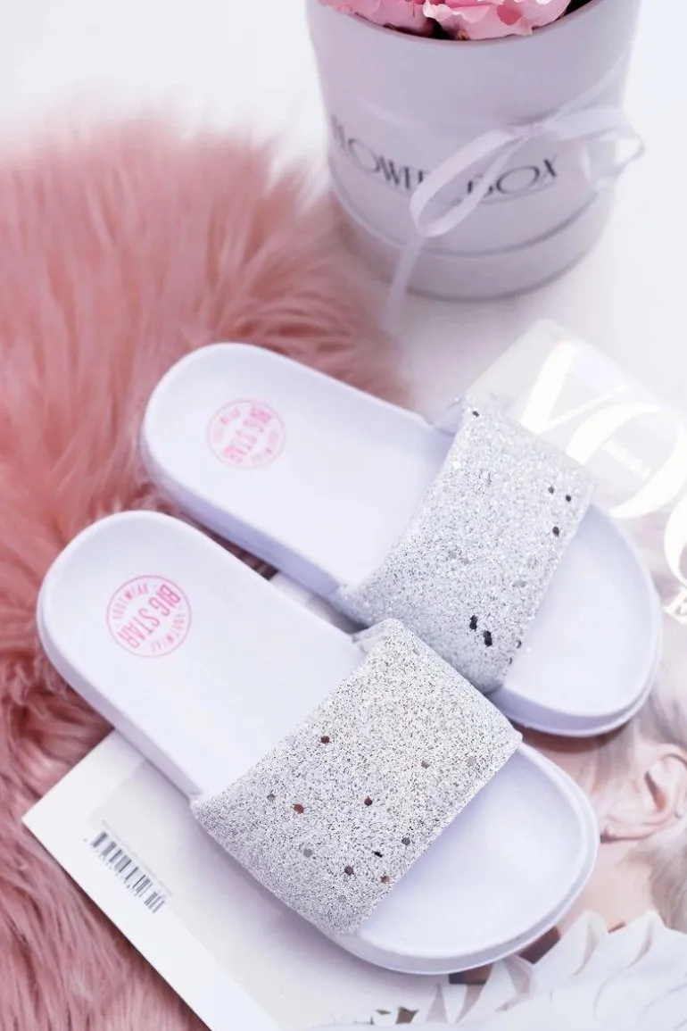 Klapki Dziecięce Młodzieżowe Big Star Białe Brokatowe AA374086