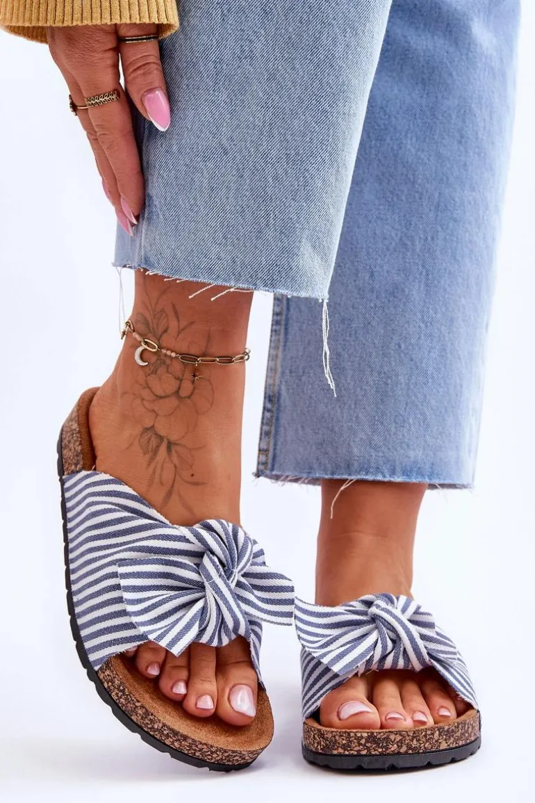 Klapki Na Korkowej Platformie W Paski Biało-Niebieskie Festive