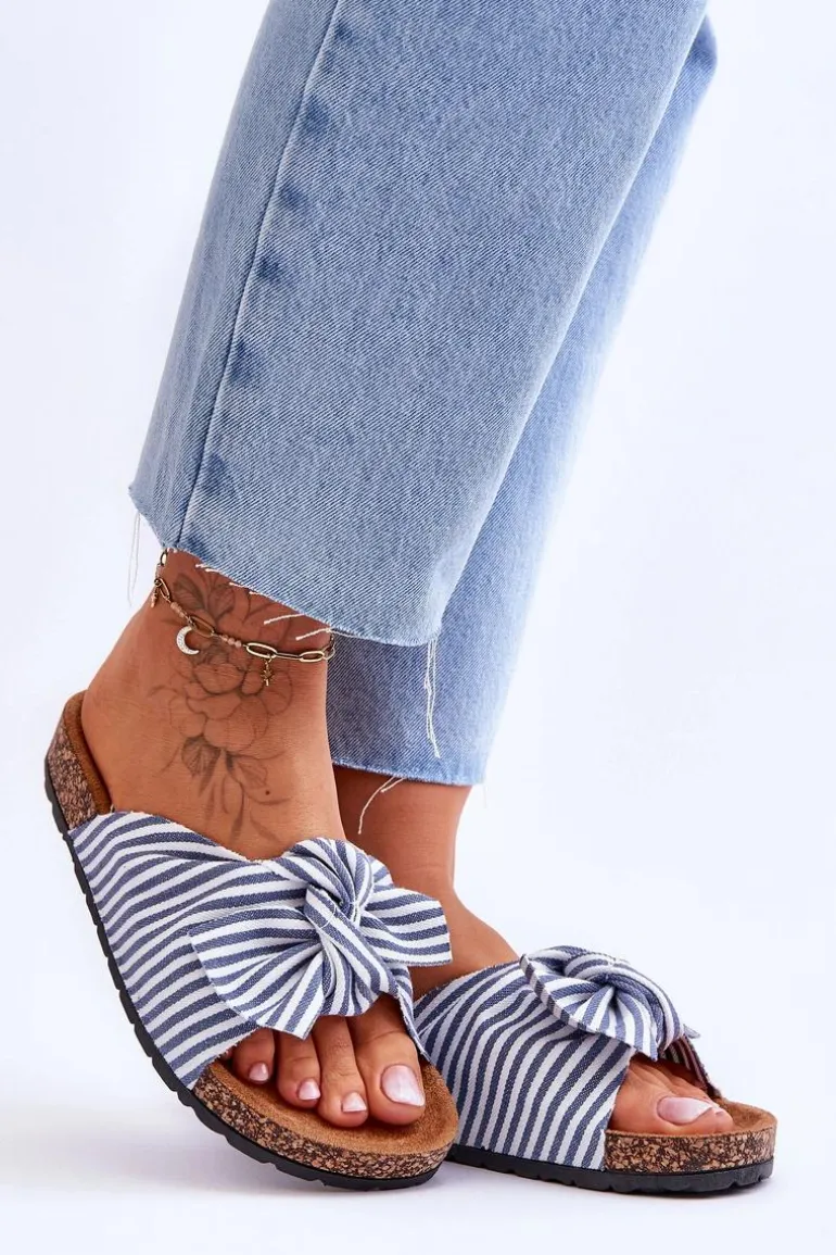 Klapki Na Korkowej Platformie W Paski Biało-Niebieskie Festive