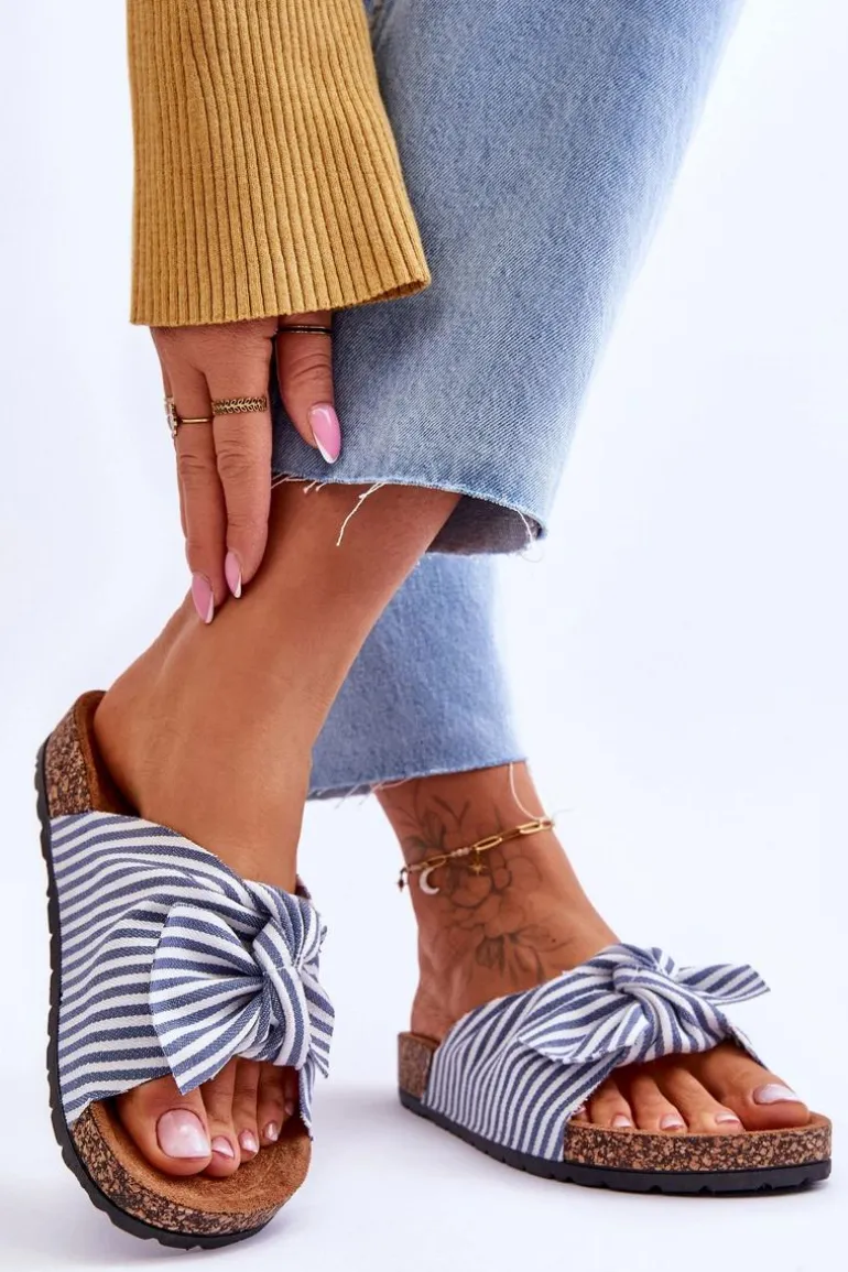 Klapki Na Korkowej Platformie W Paski Biało-Niebieskie Festive