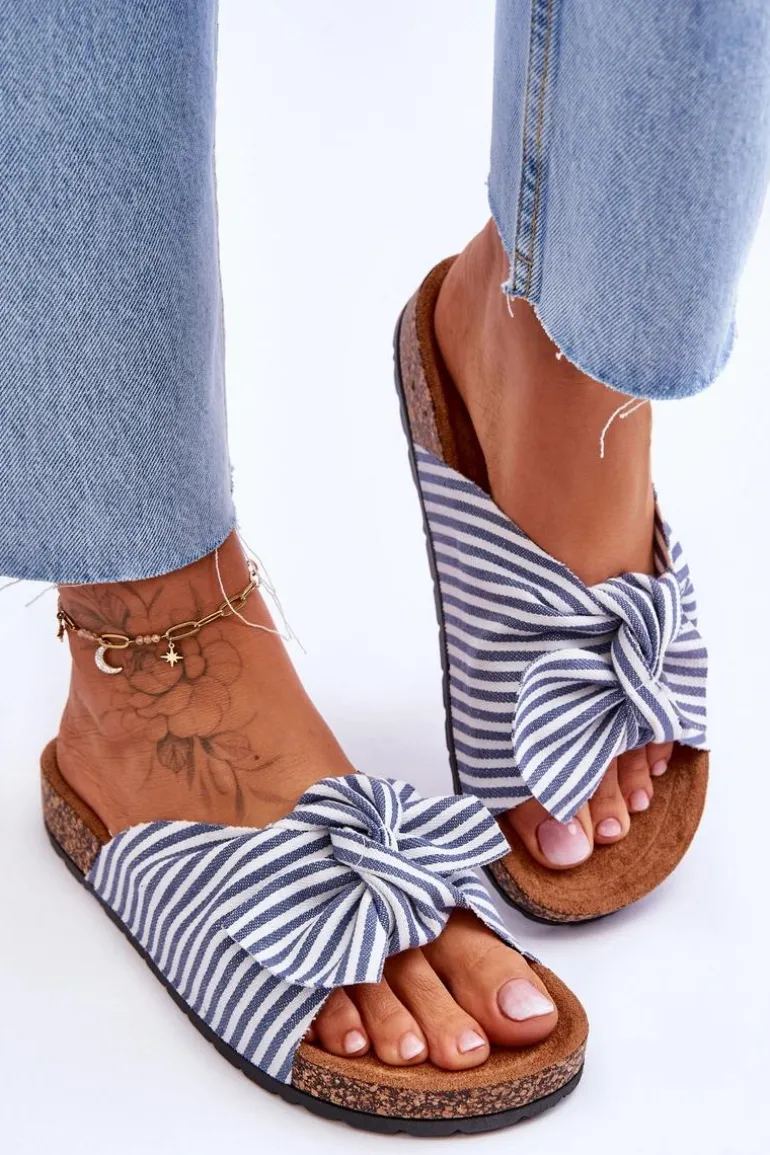 Klapki Na Korkowej Platformie W Paski Biało-Niebieskie Festive