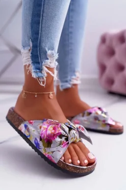 Klapki Na Korkowej Podeszwie Szare W Kwiaty Wendy