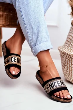 Klapki Na Korku Z Cyrkoniami Czarno-Złote Be Nice