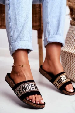 Klapki Na Korku Z Cyrkoniami Czarno-Złote Be Nice