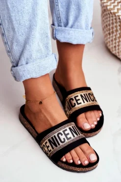 Klapki Na Korku Z Cyrkoniami Czarno-Złote Be Nice