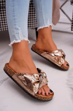 Klapki Na Korku z Kokardą Różowe Złoto Metalics