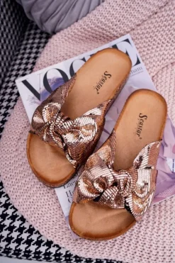 Klapki Na Korku z Kokardą Różowe Złoto Metalics