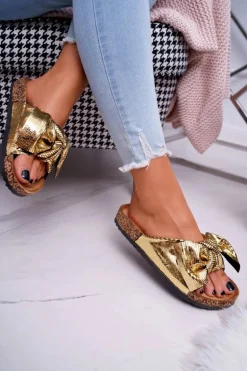 Klapki Na Korku z Kokardą Złote Metalics