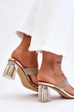 Klapki Na Obcasie Z Dżetami Złote Jaxen