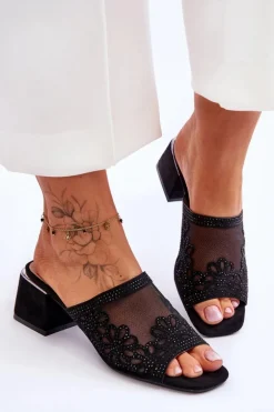 Klapki Na Obcasie Z Siateczką S.Barski KV-612-1 Czarne