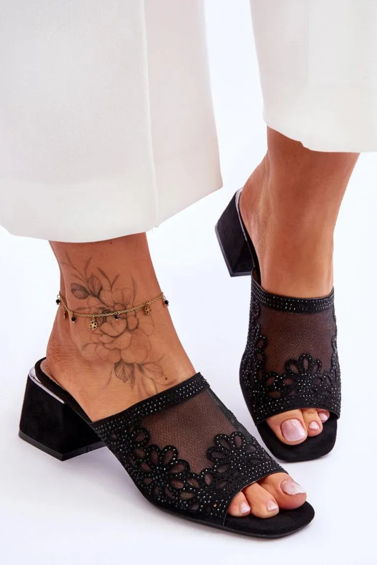 Klapki Na Obcasie Z Siateczką S.Barski KV-612-1 Czarne