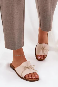 Klapki Na Płaskiej Podeszwie Z Ozdobną Kokardką Beżowe Deonelis