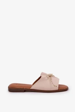 Klapki Na Płaskiej Podeszwie Z Ozdobną Kokardką Beżowe Deonelis